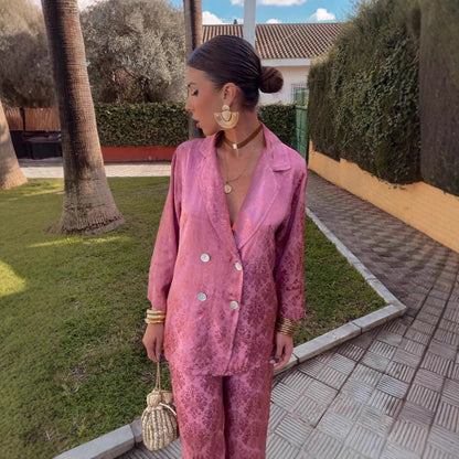 Lys | Elegant Ensemble Bredt Bukser og Struktureret Blazer til En SJu Stylish Look