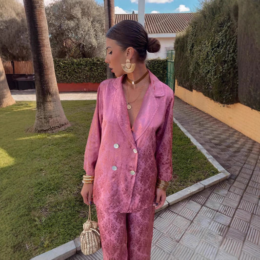 Lys | Elegant Ensemble Bredt Bukser og Struktureret Blazer til En SJu Stylish Look